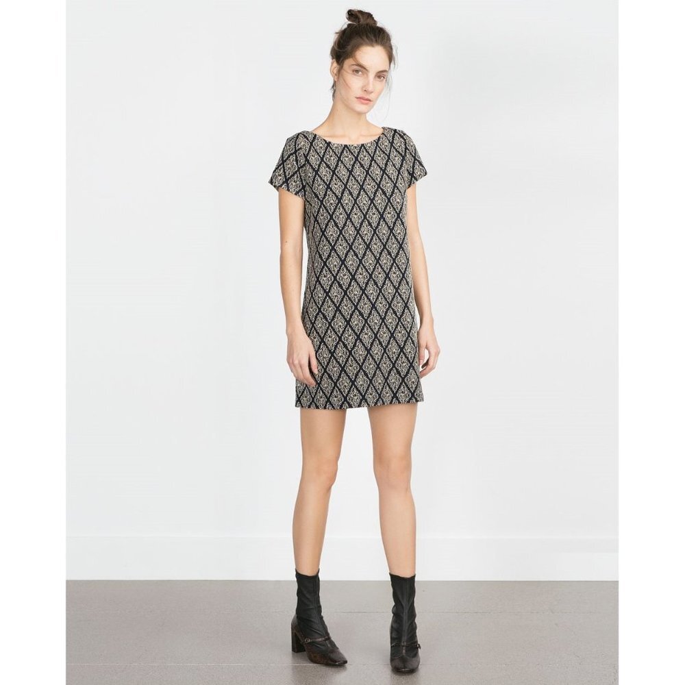 Zara Woman jaquard fabric shift dress black gold thread size S diamond pattern